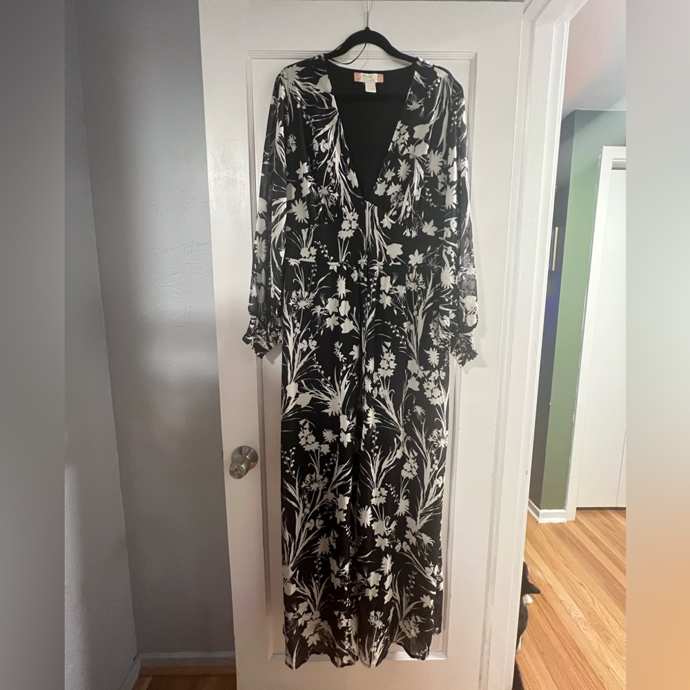 Anthropology Empire Waist Button Down Floral Black and White Maxi Dress (2x)